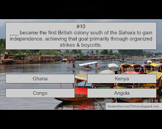 ___ became the first British colony south of the Sahara to gain independence, achieving that goal primarily through organized strikes & boycotts. Answer choices are: Ghana, Kenya, Congo, Angola