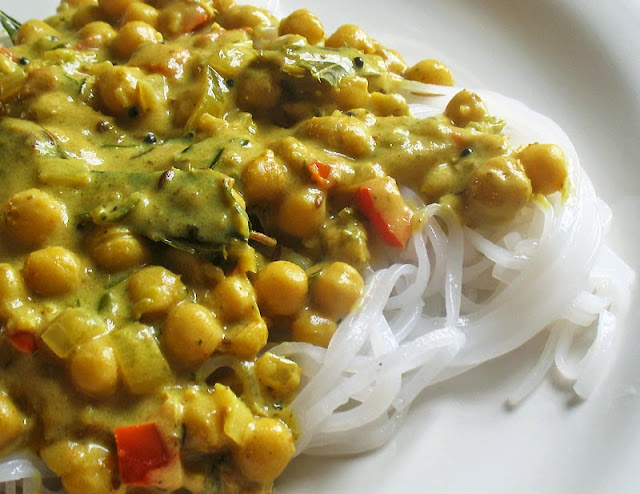 tamarind chickpeas over rice noodles