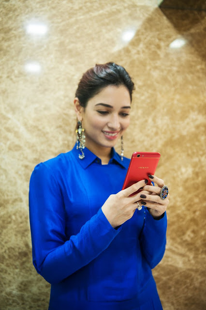 Actress Tamanna Photo in Blue Long Dress with Mobile