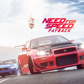 Official cover of the video game Need for Speed Payback 2017 is an open world environment racing game featuring a BMW M5, Nissan Skyline R34 GT-R V·Spec and Chevrolet Bel Air Sport Coupe 265 V8 escaping from the police helicopter.