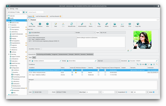 Δείγμα οθόνης ασθενούς GNU Health, συμπεριλαμβανομένων των κρίσιμων πληροφοριών που σχετίζονται με τη νόσο COVID-19