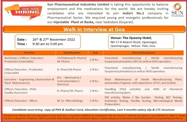 Sun Pharma | Walk-in interview at Goa for Prod/QA/Engg/Micro on 26 & 27th November 2022