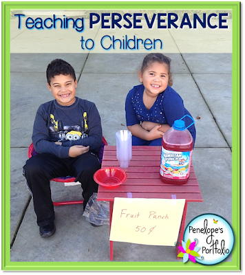 Two children showing perseverance with a homemade fruit punch stand