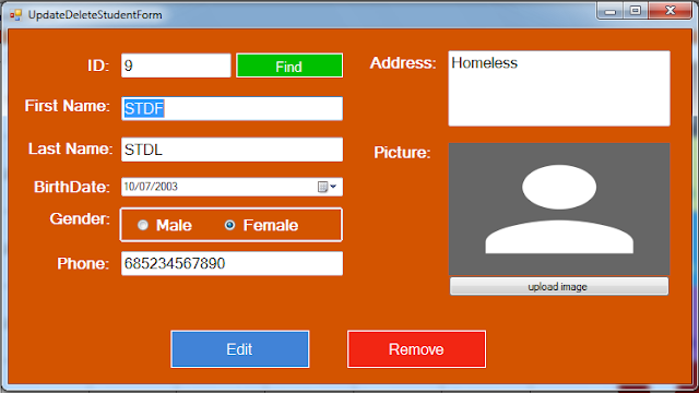 C# Students Information System Source Code - edit, remove student