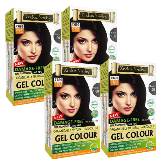 Indus Valley Damage Free Gel Colour For Hair Black 1.0, Ammonia Free Hair Color set of 4