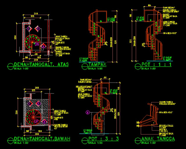 Gambar Kerja Detail  dan Potongan Tangga  Putar Kayu dan 