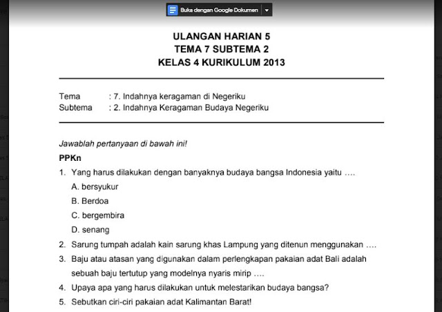 Download soal penilaian harian atau ulangan harian Kurikulum  Soal Ulangan Harian K13 Kelas 4 Tema 7 Subtema 2