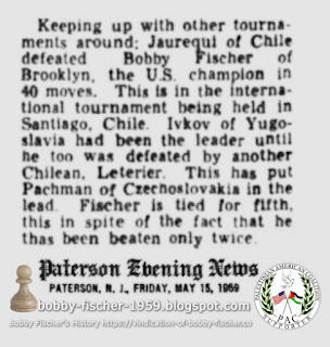 Bobby Fischer Tied for Fifth in Santiago, Chile Chess