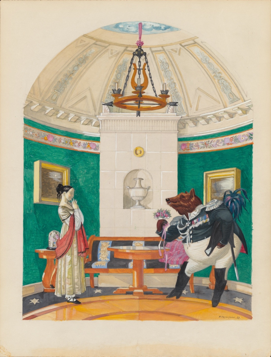 ballet scene design: bear in uniform with lady