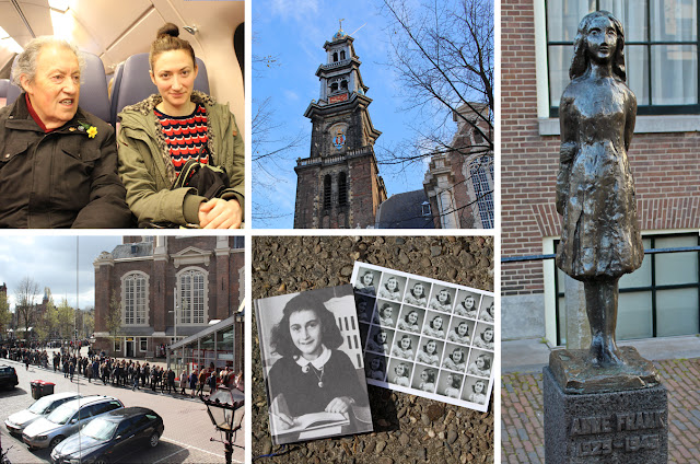 The Butterfly Balcony - Wendy's Week Liverpool to Amsterdam - Dad and me on the train again // Westerkerk's tower (Westertoren) which Anne wrote about lots in her diary  // Statue of Anne outside the museum // The now massive queue for the museum from the canteen // A book of the museum and a contact sheet postcard of Anne