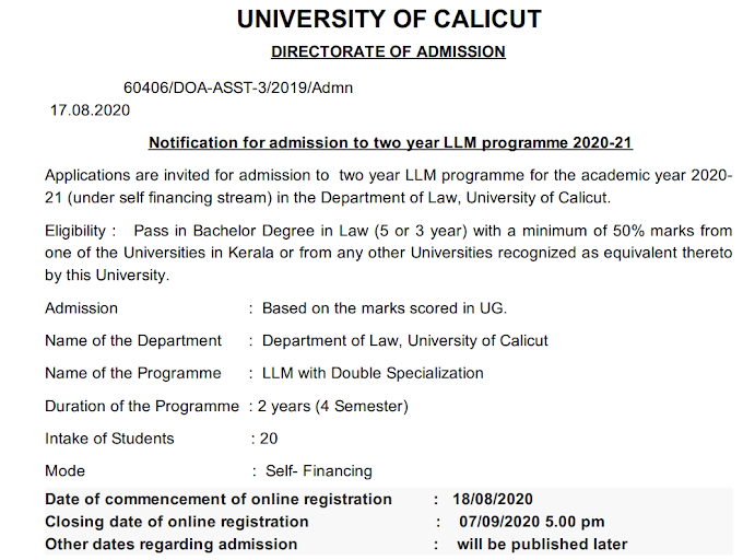 Notification for admission to two year LLM programme 2020-21