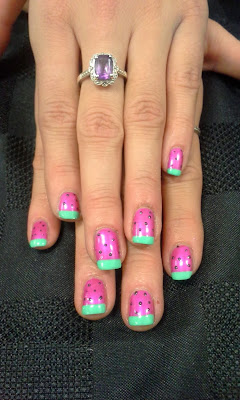 My new manicure by The Bio Seaweed Girls at the After Party. Watermelon nailart at Spark Sessions after party