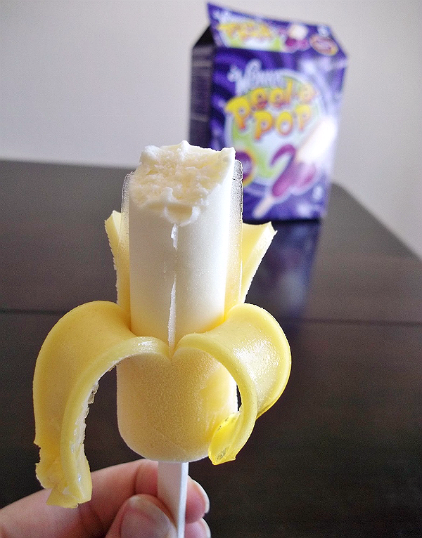 Wonka Peel-A-Pop by Nestle, sold at Walmart, Safeway affiliates, and Krogers nationwide. Vanilla Grape and Vanilla Banana with an edible peel that is similar to gelatin.