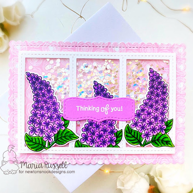 Thinking of You Lilac Shaker Card by Maria Russell | Lilac Stamp Set and A7 Frames & Banners Die Set by Newton's Nook Designs #newtonsnook