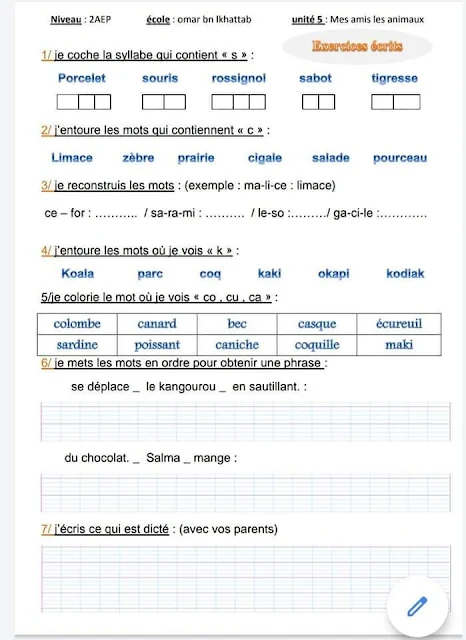 exercices français semain 3 unite 5 -les animaux du zoo 2 aep