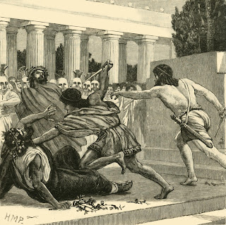 Harmódio e Aristógito atacando Hiparco e Hípias em Cassell's Illustrated Universal History, Vol. I - Early and Greek History