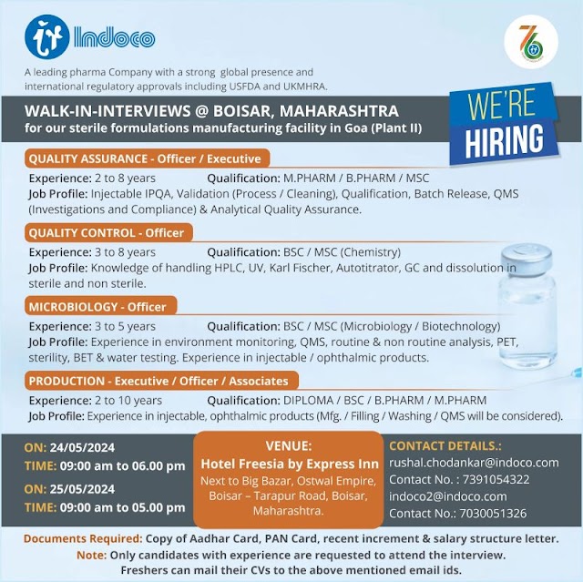 Indoco Remedies | Walk-in Interview at Boisar, MH on 24 & 25-May-2024