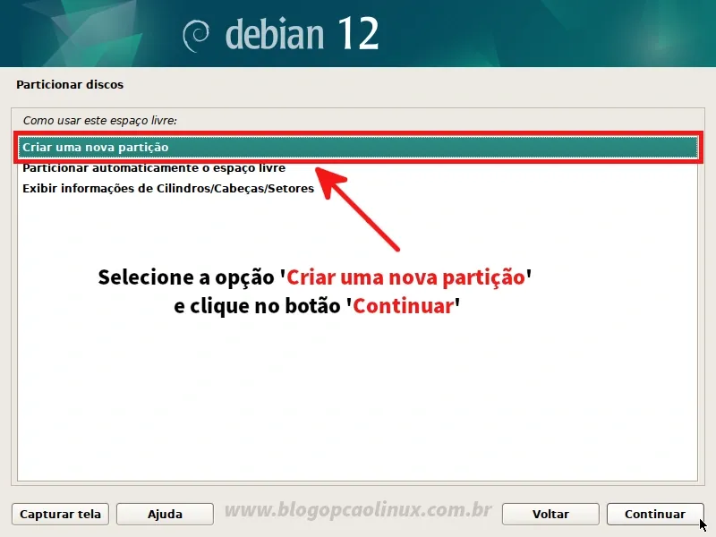 Clique duas vezes em 'Criar uma nova partição'