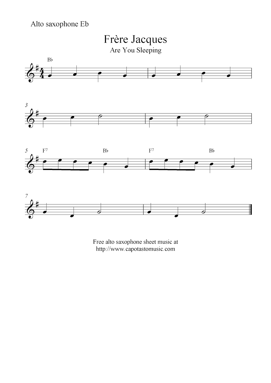 Frère Jacques (Are You Sleeping), free alto saxophone sheet music notes