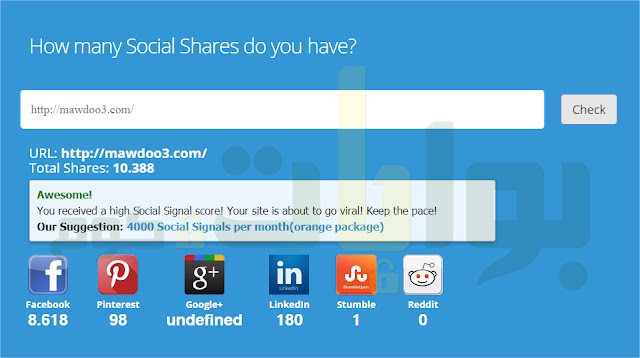 ويمكنك استخدام هذه الأداة لمعرفة عدد مشاركات مواقع التواصل الاجتماعى لمقالة معينة او رابط معين فكل ما عليك هو إدخال رابط الصفحة المستهدفة وستحصل على تقير وافى بعدد المشاركات الاجتماعية 