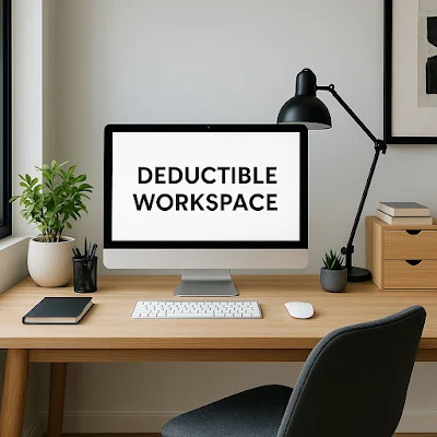 "Home office workspace with a computer monitor displaying "DEDUCTIBLE WORKSPACE" text, keyboard, mouse, and plants."