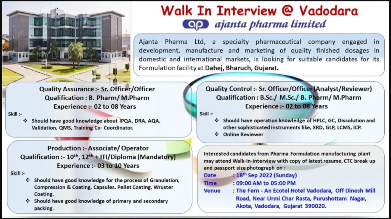 Ajanta Pharma Limited Recruitment ITI, Diploma and Graduates for Dahej, Gujarat | Walk-In-Interview