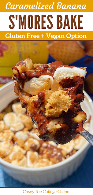 Need an easy #glutenfree #dessert? Then you'll love this #glutenfree, #nutfree and #vegan friendly recipe for a Caramelized Banana S'mores Bake.