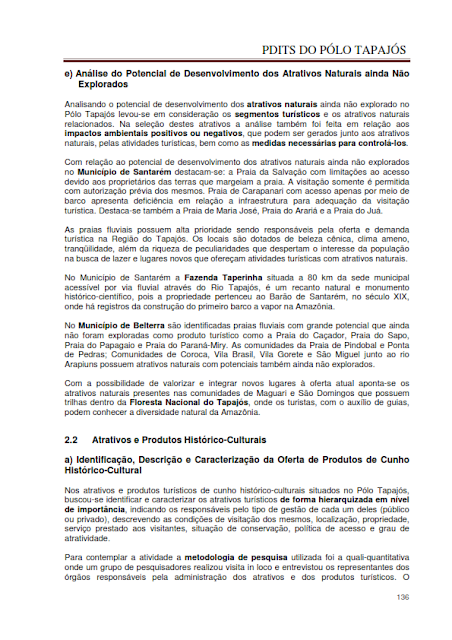 DIAGNÓSTICO DA ÁREA E DAS ATIVIDADES TURÍSTICAS DO PÓLO TAPAJÓS - NOVEMBRO 2010 - PARTE I – PARÁ – BRASIL