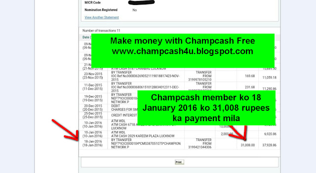 Champcash member ko 18 January 2016 ko 31,008 rupees ka payment mila-see Internet banking screenshot