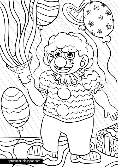 A coloring page of a clown and balloons / Värityskuva pellestä ja ilmapalloista