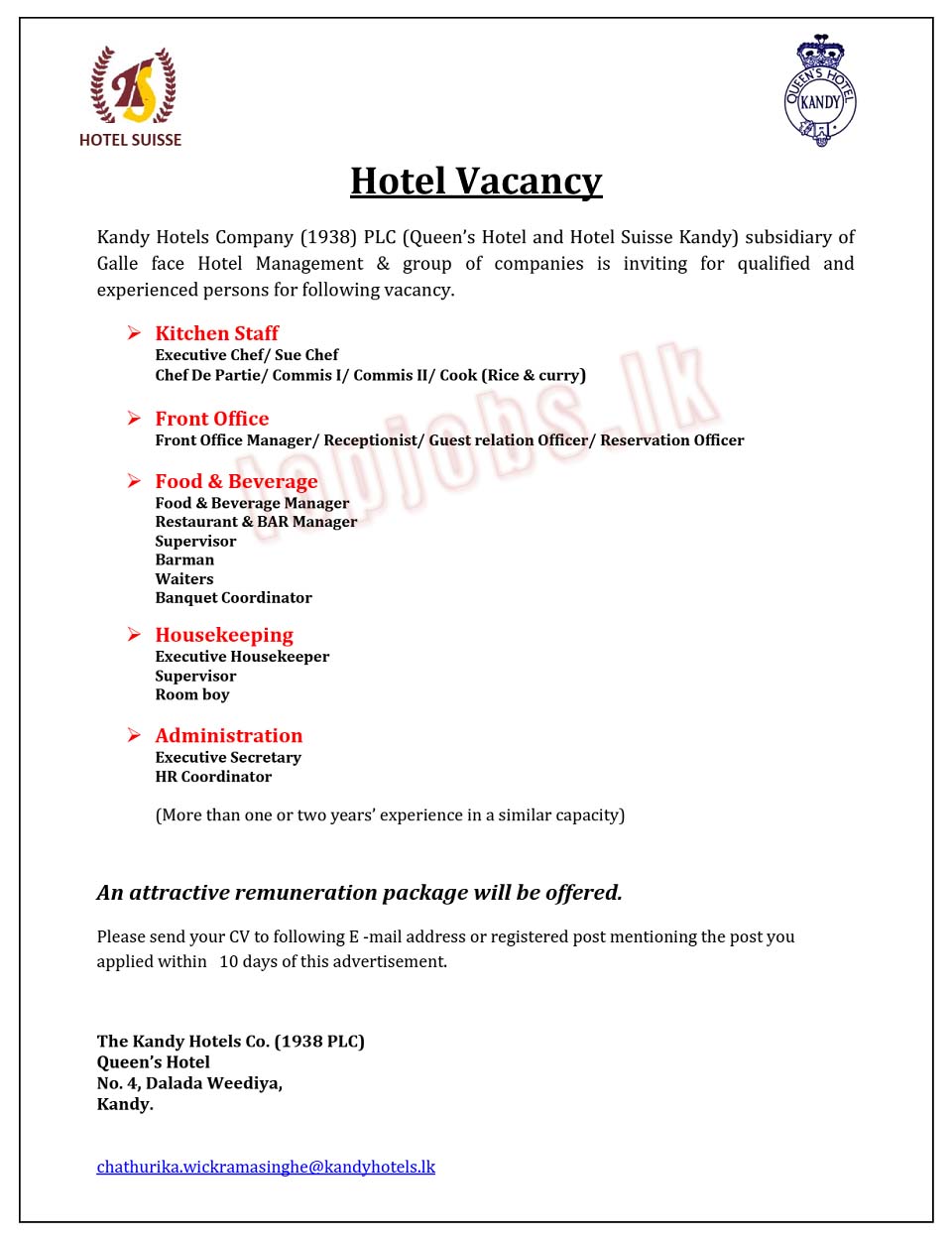 Suisse Hotel Vacancies Kandy