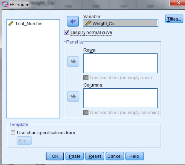 Fig. I.3: Selecting the variable Weight_Cu – in order to draw a histogram using SPSS (version 20)