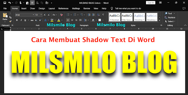 Cara membuat shadow text di word, menambahkan shadow effects atau bayangan tulisan dengan text effect and typography word, membuat tulisan memilki bayangan di word