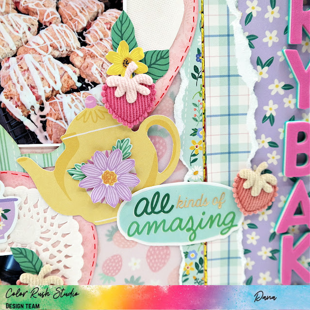 Document your favorite berry baked goods on a scrapbook layout full of strawberry themed patterned papers and embellishments from Color Rush Studio.