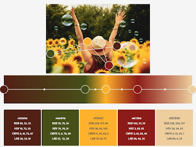 sunflower color palette that includes green, brown, yellow, red, beige