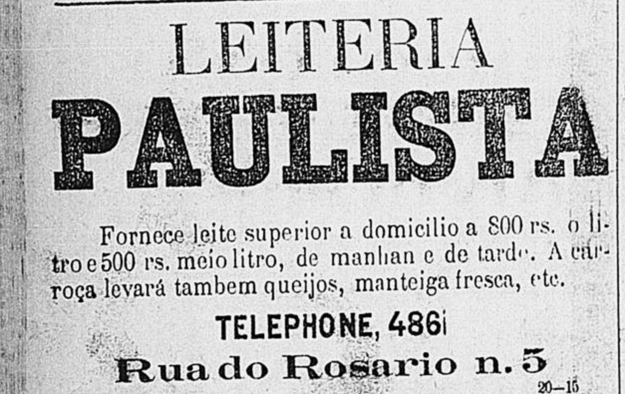 Anúncio de 1895 da Leiteira Paulista com venda de leite a domicílio
