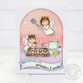 Sunny Studio Stamps: Little Angels & Blissful Baking Card by Lexa Levana (using Sunny Semi Circle dies for the arched window)