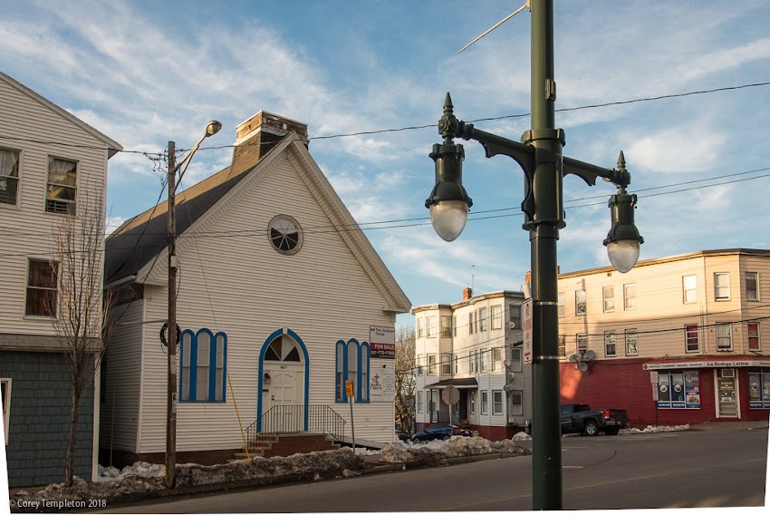 Portland, Maine USA March 2018 photo by Corey Templeton. A former church at the corner of Congress & Weymouth Streets, currently for sale. 