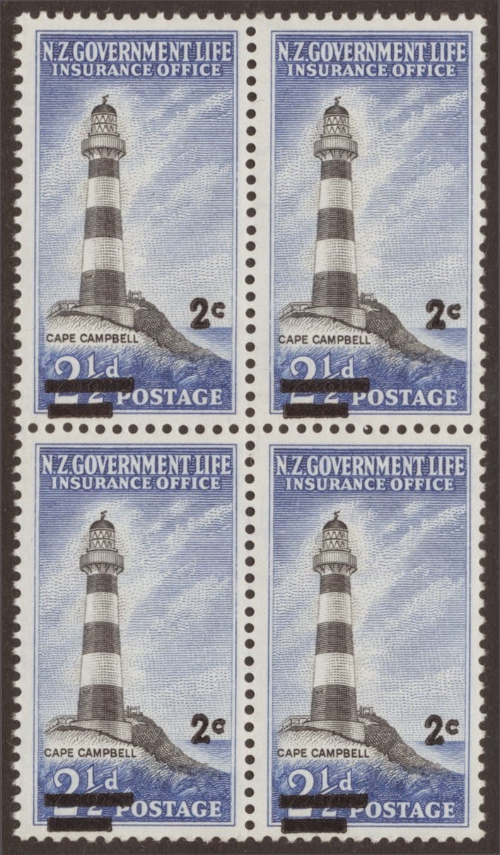 1967 Life Insurance overprint 2c on 2½d Cape Campbell Lighthouse the black overprint has shifted down so much of the old value can be seen