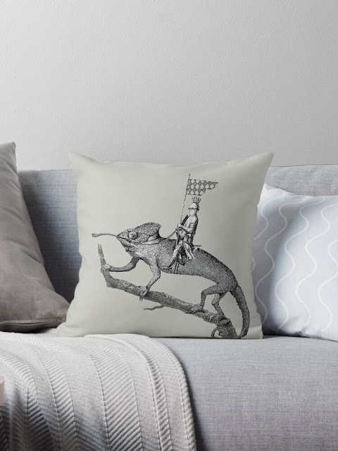 A Knight riding a chameleon ancient art pillow.