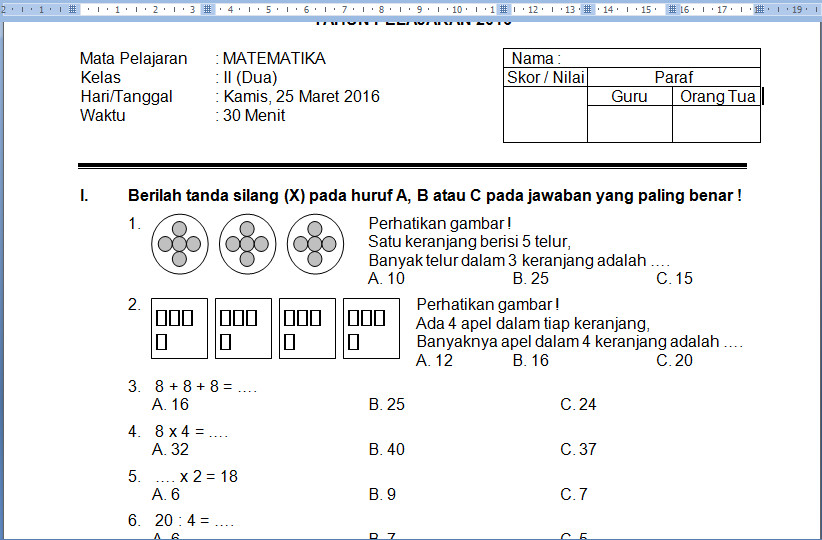 Contoh Soal UTS Matematika Kelas 2 Semester II Tahun Pelajaran 2016  Contoh Soal Wikiedukasi