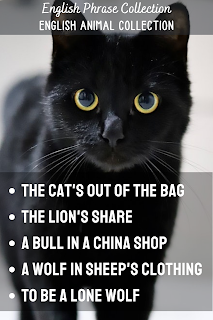 English Phrase Collection | English Animal Collection | The cat's out of the bag, The lion's share, A bull in a china shop, A wolf in sheep's clothing, To be a lone wolf