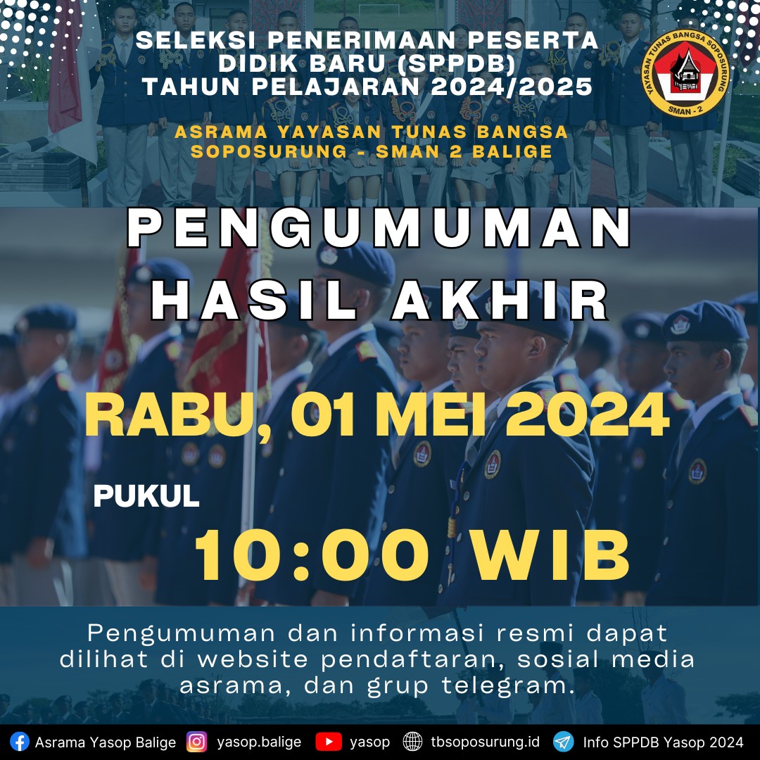 Pengumuman Seleksi Akademik PPDB Asrama Yayasan TB Soposurung Angkatan XXXV – SMAN 2 Balige TP 2024/2025