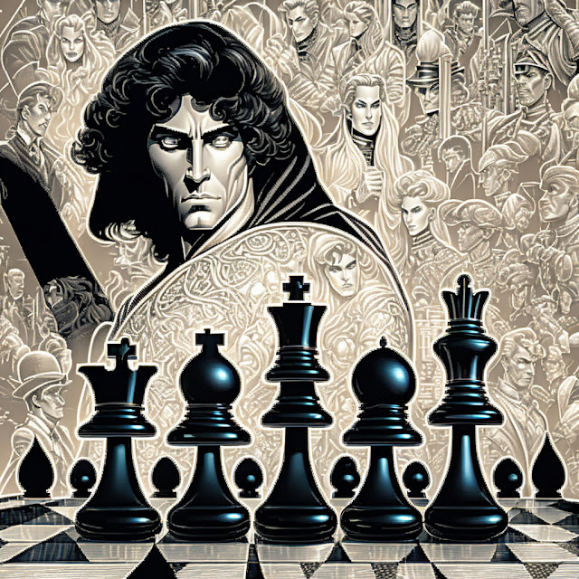 Chess Poster art of Chess pieces and Images of people in a black and white monocrome look