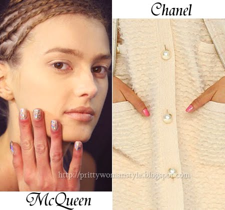 Къс маникюр с брокат на Alexander McQueen и розов маникюр на Chanel