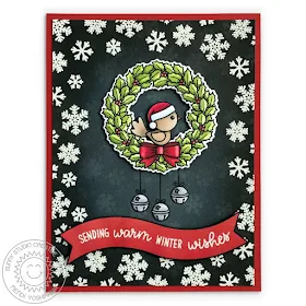 Sunny Studio Stamps: Happy Owlidays Holly Wreath with Black Snowflake Background Christmas Card by Mendi Yoshikawa