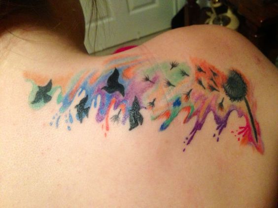 Watercolor Tattoo on Women Right Shoulder with Birds