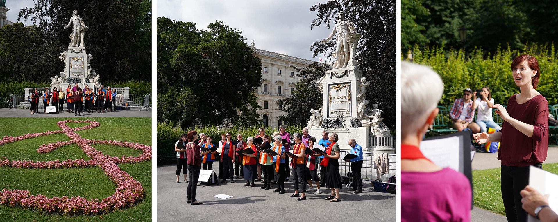 Der Louis Braille Chor singt vor dem Mozart Denkmal im Burggarten, Details