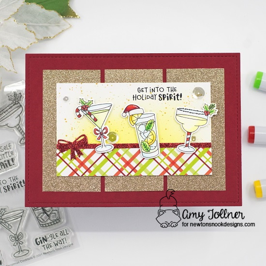 Get into the holiday spirit by Amy features Christmas Cocktails, Meowy Christmas, and Pines & Holly by Newton's Nook Designs; #inkypaws, #newtonsnook, #holidaycards, #christmascards, #cocktailcards, #cardmaking