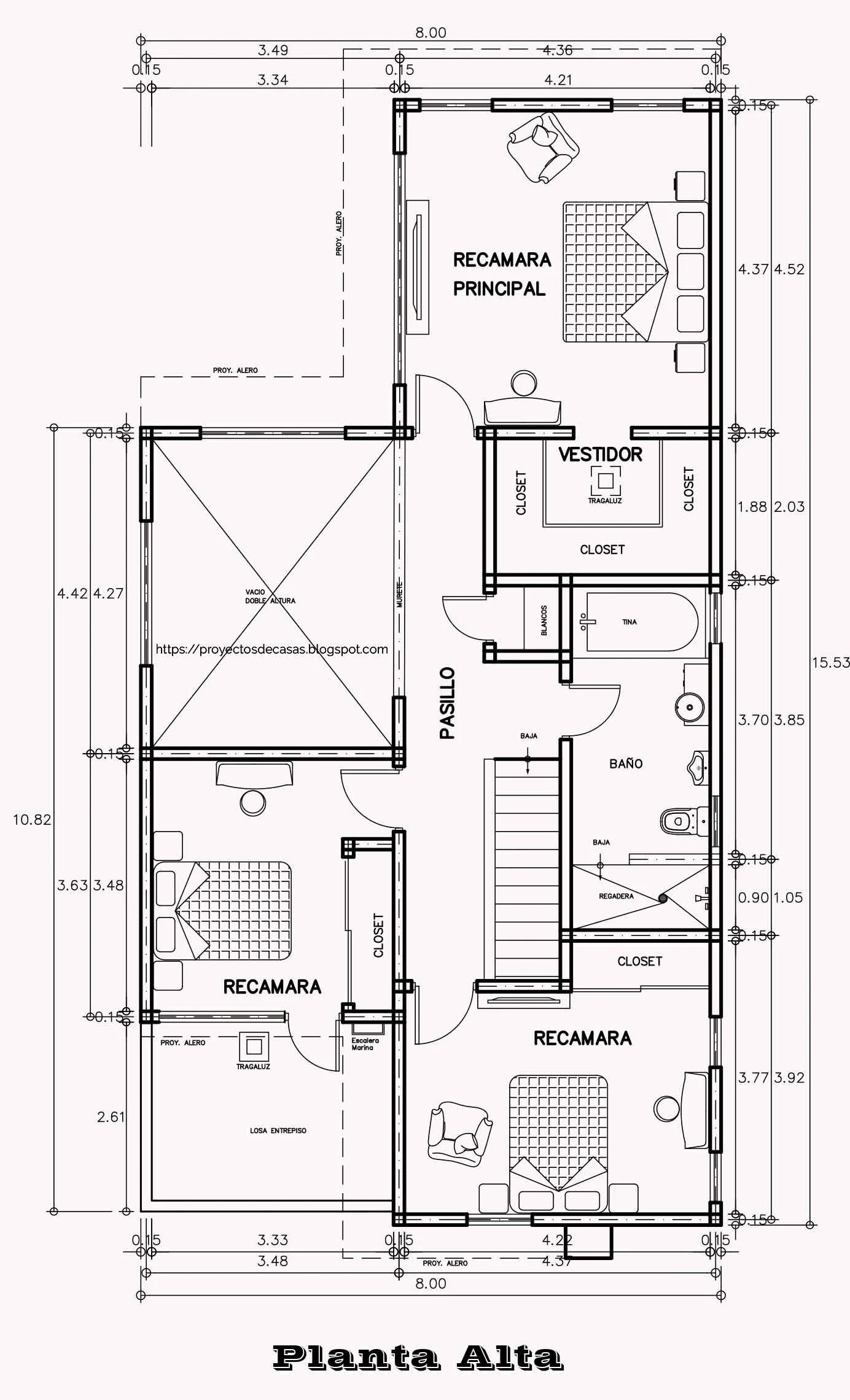 Planos de Casa de 2 pisos 8 x 15.50 metros PLANTA ALTA